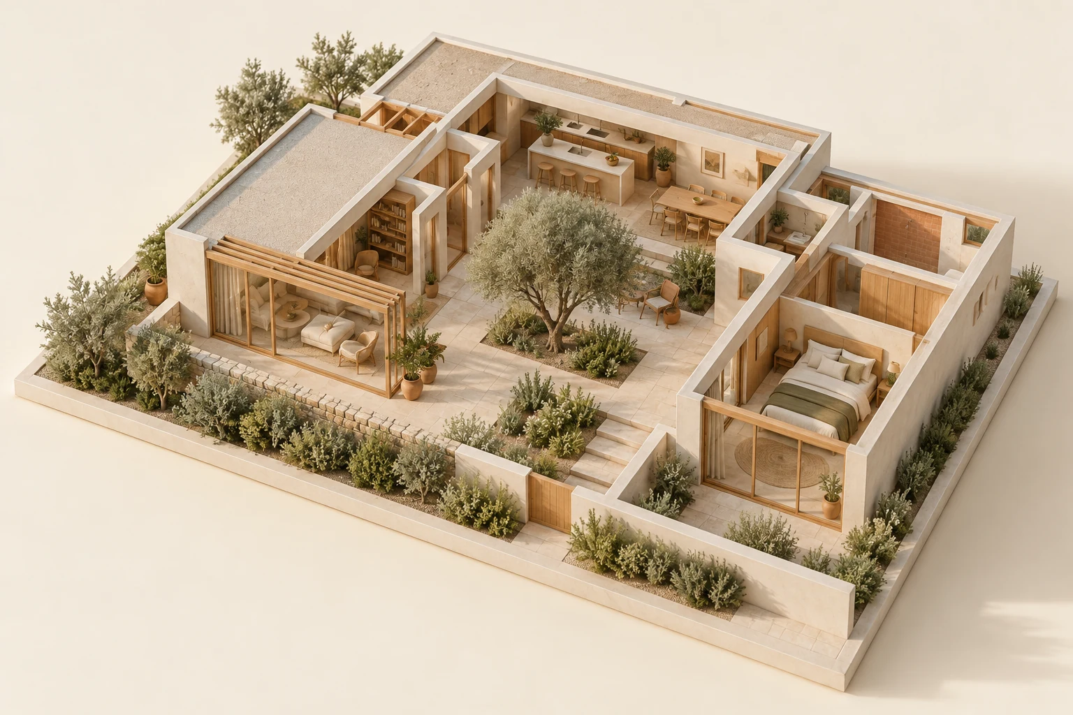 A warm architectural model of a modern courtyard home, with sunlit living spaces, natural wood, and a garden at its heart.